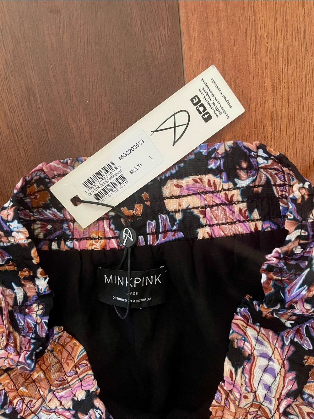 MINKPINK | Celestial Paisley Tiered Midi Skirt in Navy and Pink | Size Large NWT - Picture 10 of 11